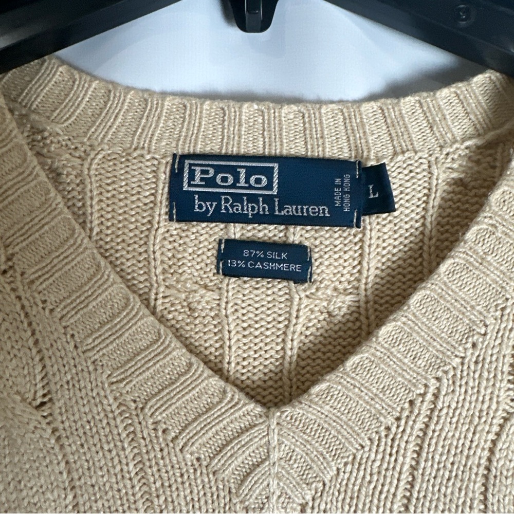 Vintage Ralph Lauren V-Neck Cable Knit Sweater in Beige - Picture 2 of 8